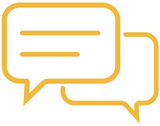 Simple line illustration in deep yellow of two rectangular speech bubbles, one featuring two lines indicating text