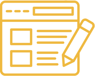 Simple line illustration in deep yellow of a web page with squares and lines indicating images and text, with a pencil hovering over the text