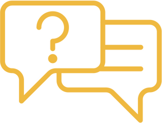 Simple line illustration in deep yellow of two rectangular speech bubbles, one featuring two lines indicating text, one featuring a question mark