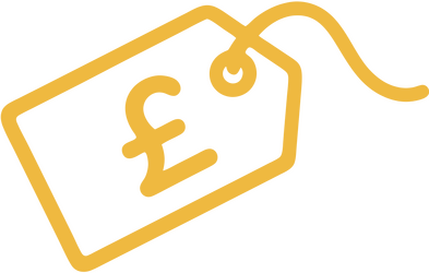 Simple line illustration in deep yellow of a price tag with a £ sign