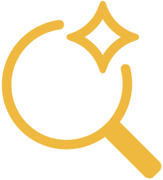 Simple line illustration in deep yellow of a magnifying glass with a star gleam