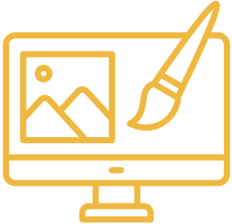 Simple line illustration in deep yellow of a desktop computer featuring an image and paintbrush